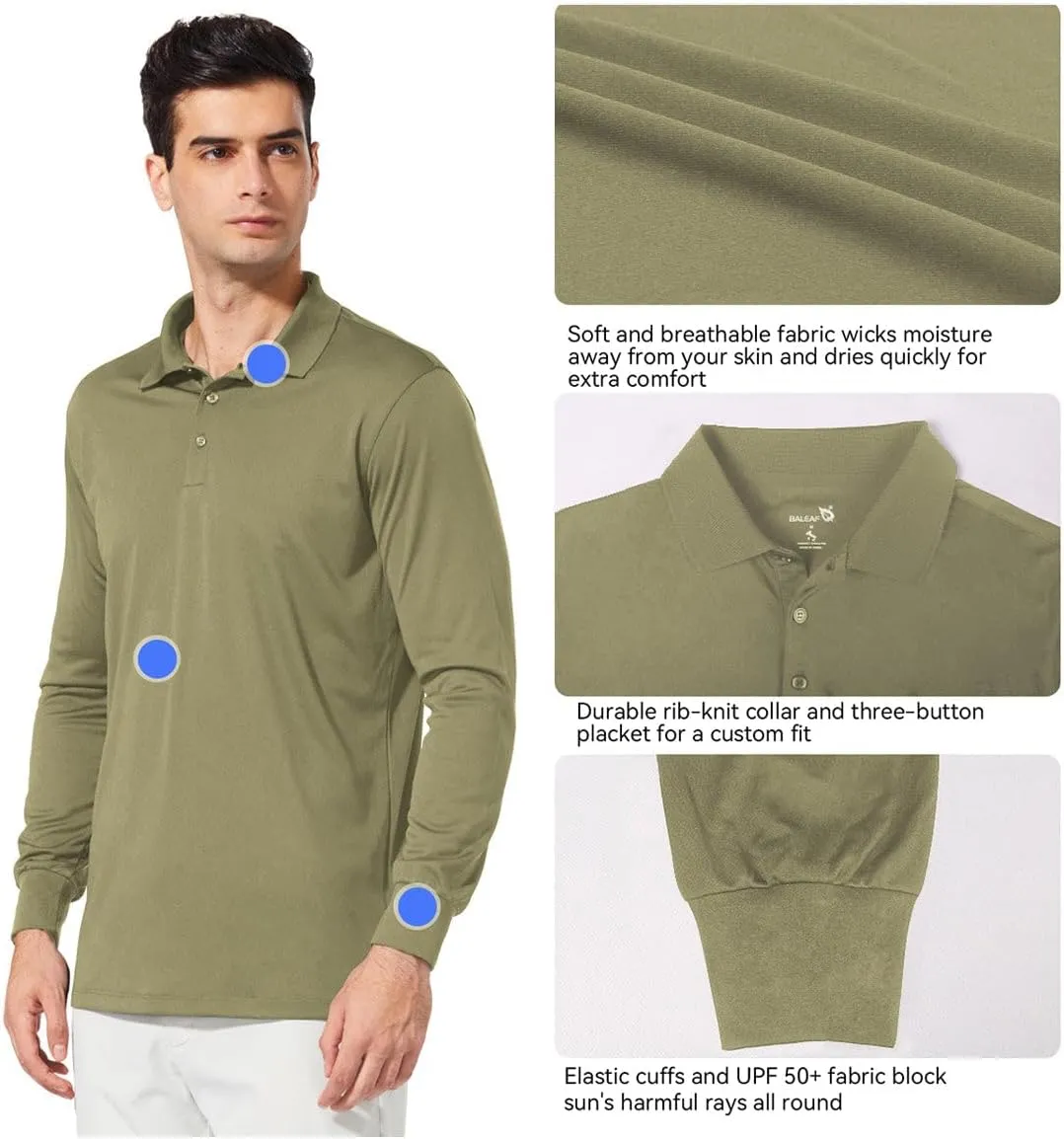 baleaf Men's Long Sleeve Golf Polo Shirt UPF 50 Quick Dry 3 Button Casual Work Outdoor Lightweight Performance Shirts