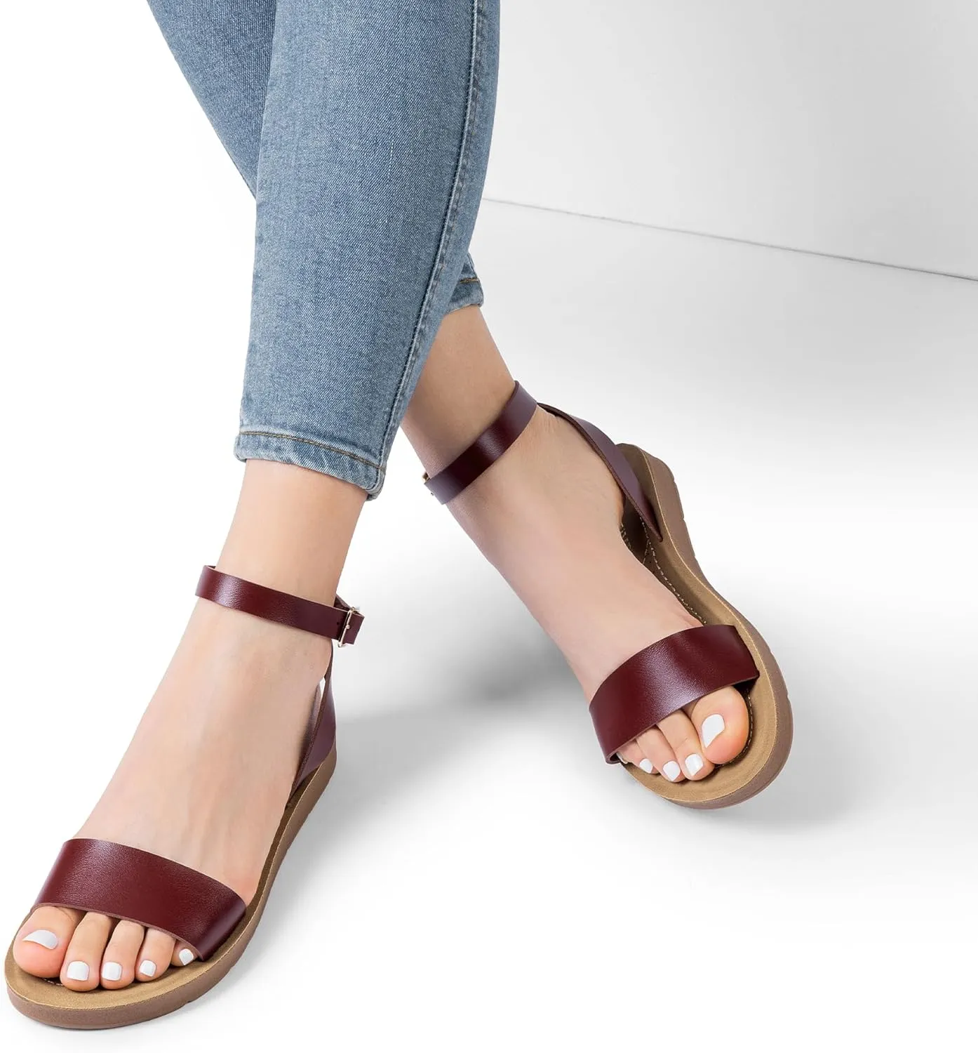 DREAM PAIRS Womens One Band Ankle Strap Buckle Flat Sandals