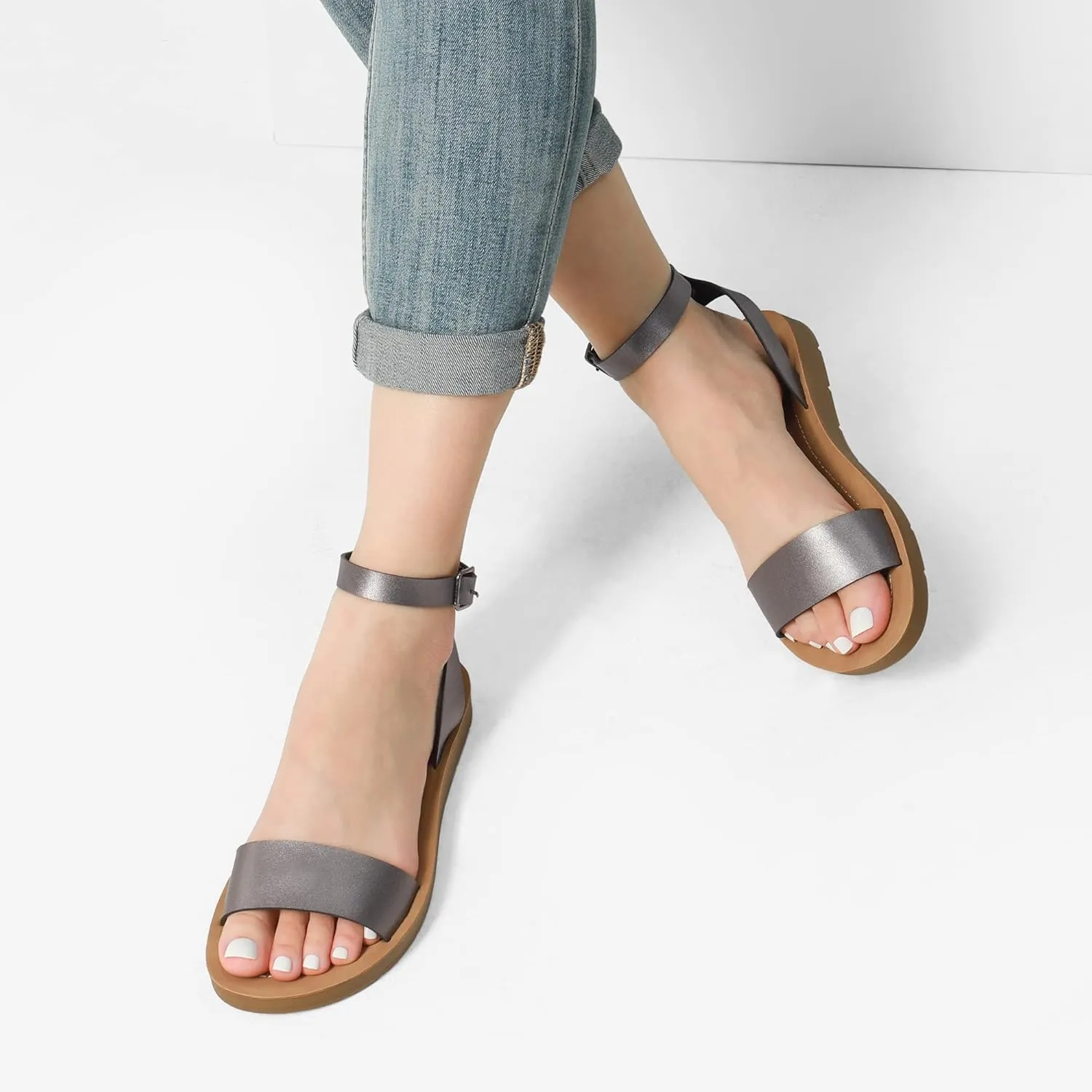 DREAM PAIRS Womens One Band Ankle Strap Buckle Flat Sandals