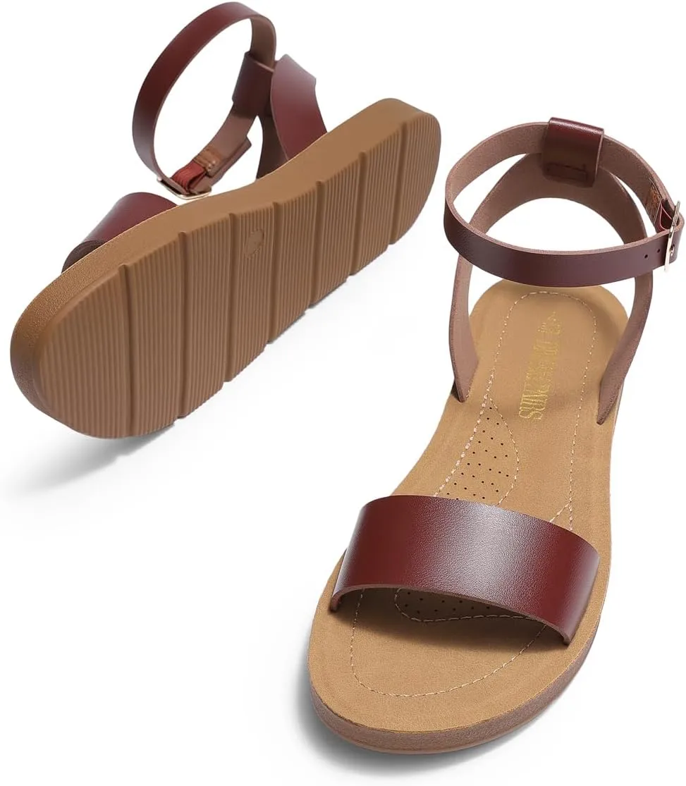 DREAM PAIRS Womens One Band Ankle Strap Buckle Flat Sandals