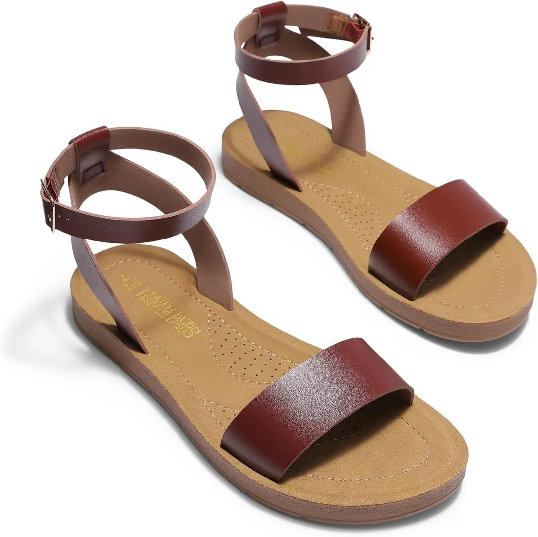 DREAM PAIRS Womens One Band Ankle Strap Buckle Flat Sandals