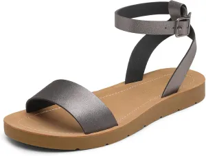 DREAM PAIRS Womens One Band Ankle Strap Buckle Flat Sandals