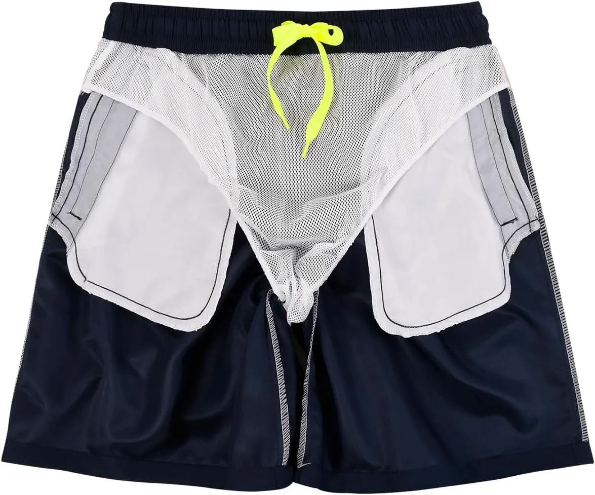 Men's Swim Trunks with Zipper Pockets and Mesh Lining,Beach Shorts with Drawstring Quick Dry Swim Shorts, Solid Beach Shorts