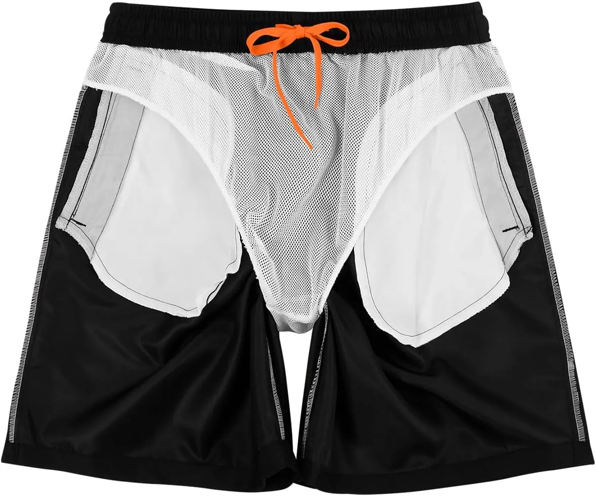 Men's Swim Trunks with Zipper Pockets and Mesh Lining,Beach Shorts with Drawstring Quick Dry Swim Shorts, Solid Beach Shorts