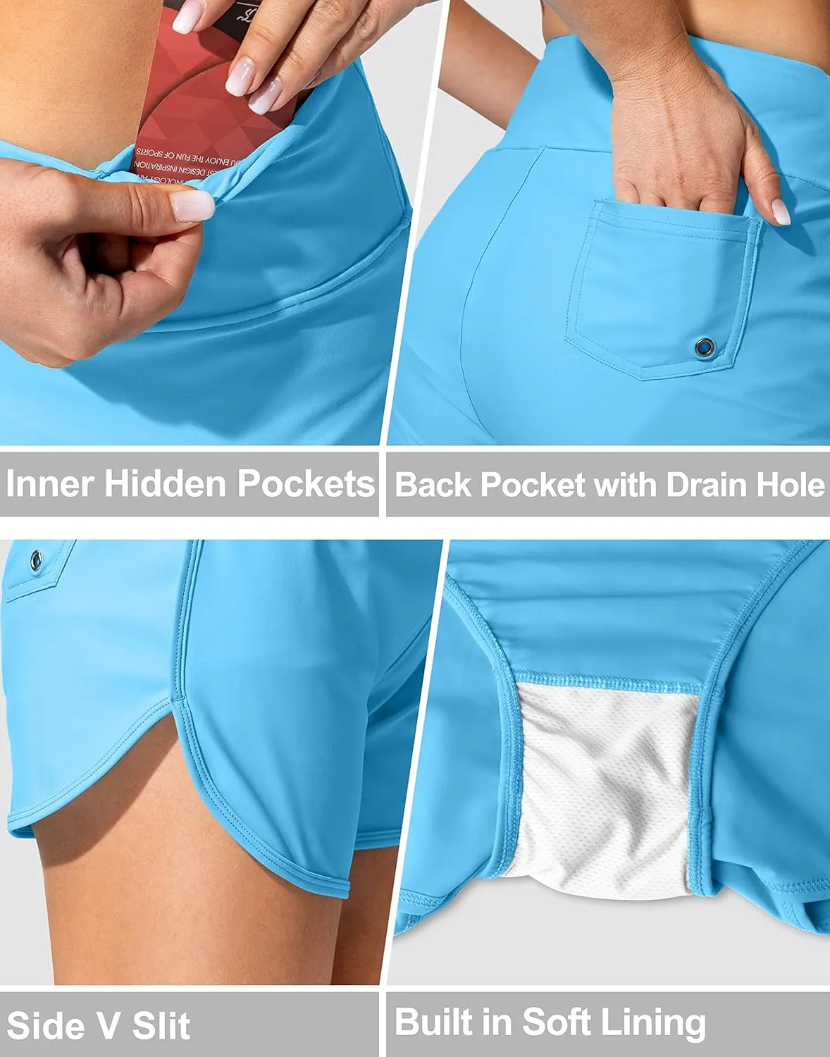 Women's Swim Shorts with Pockets High Waisted Tummy Control Board Swimsuit Bathing Shorts for Women with Liner